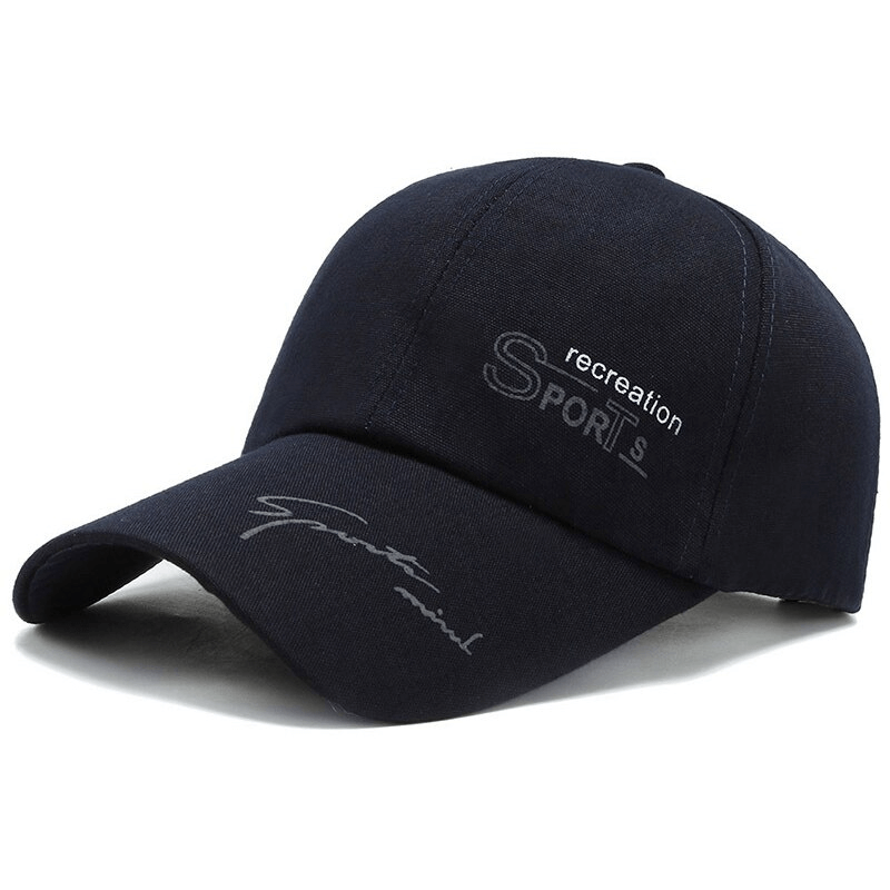 Unisex navy baseball cap with long visor, adjustable strap, and sports print, perfect for casual outings.